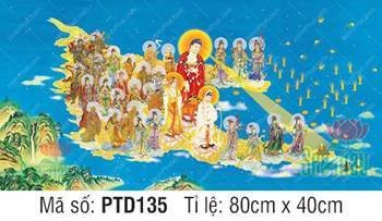 Tranh Tây Phương Tiếp Dẫn Đẹp PTD135, đại hội Thánh chúng ngự mây vàng