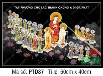 Tranh Tây Phương Tiếp Dẫn Đẹp PTD87, cảnh thánh chúng ngự nền đen