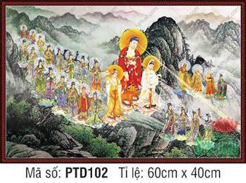 Tranh Tây Phương Tiếp Dẫn PTD102, cảnh Thánh chúng tiếp dẫn chúng sinh