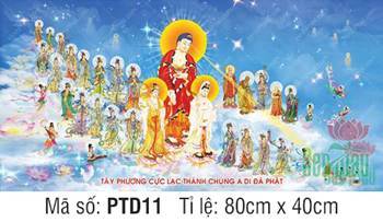Tranh Tây Phương Tiếp Dẫn PTD11, đoàn Thánh chúng ngự mây trời xanh