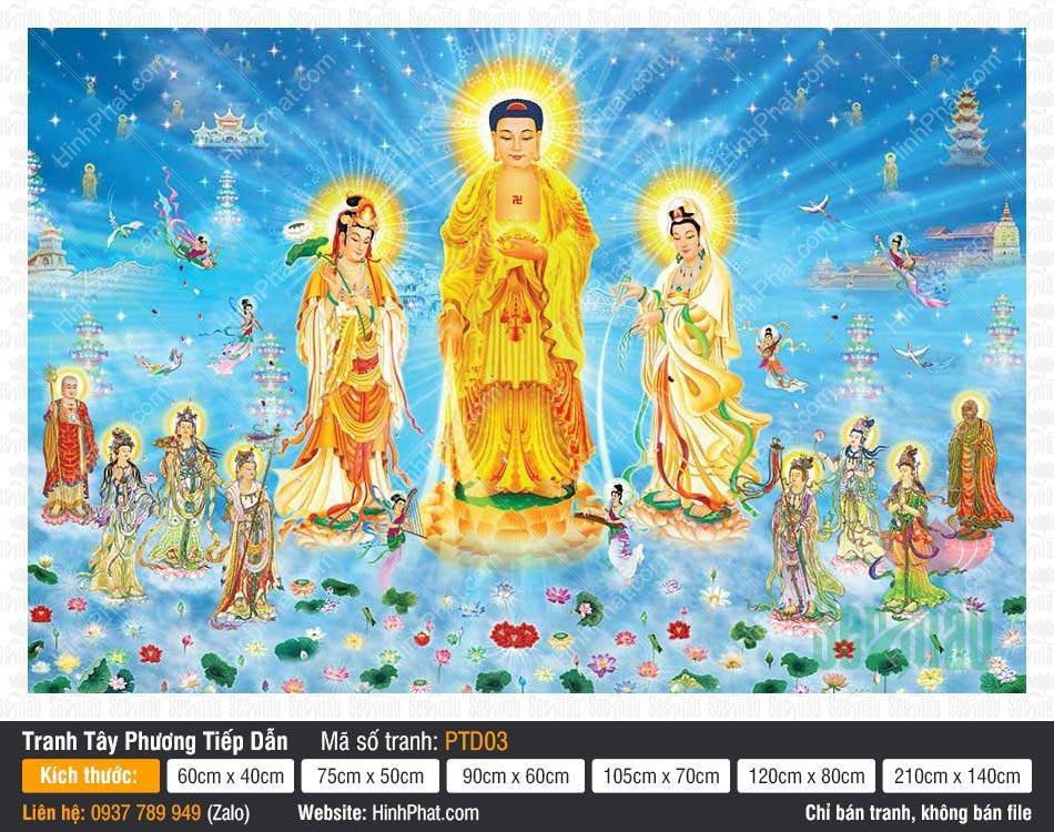 Tranh Tây Phương Tiếp Dẫn PTD03 Tôn ảnh Tranh Tây Phương Tiếp Dẫn PTD03 mô tả cảnh tiếp dẫn uy nghiêm trên nền mây trời xanh