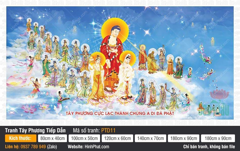 Tranh Tây Phương Tiếp Dẫn PTD11 Tranh Tây Phương Tiếp Dẫn PTD11 Đức Phật A Di Đà phóng quang cùng Thánh chúng ngự mây trời