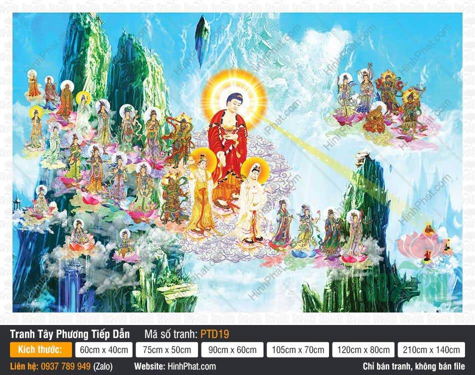 Tranh Tây Phương Tiếp Dẫn PTD19 Tranh Tây Phương Tiếp Dẫn PTD19 cảnh Đức Phật và Thánh chúng ngự mây báu giữa núi non xanh