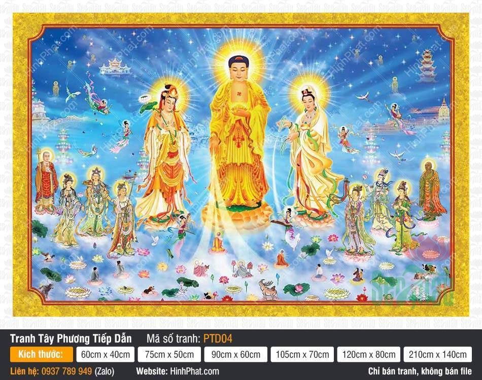 Tranh Tây Phương Tiếp Dẫn Đẹp PTD04 Tranh Tây Phương Tiếp Dẫn Đẹp PTD04 khắc họa Đức Phật Di Đà cùng Thánh chúng ngự trên mây xanh tỏa hào quang vàng
