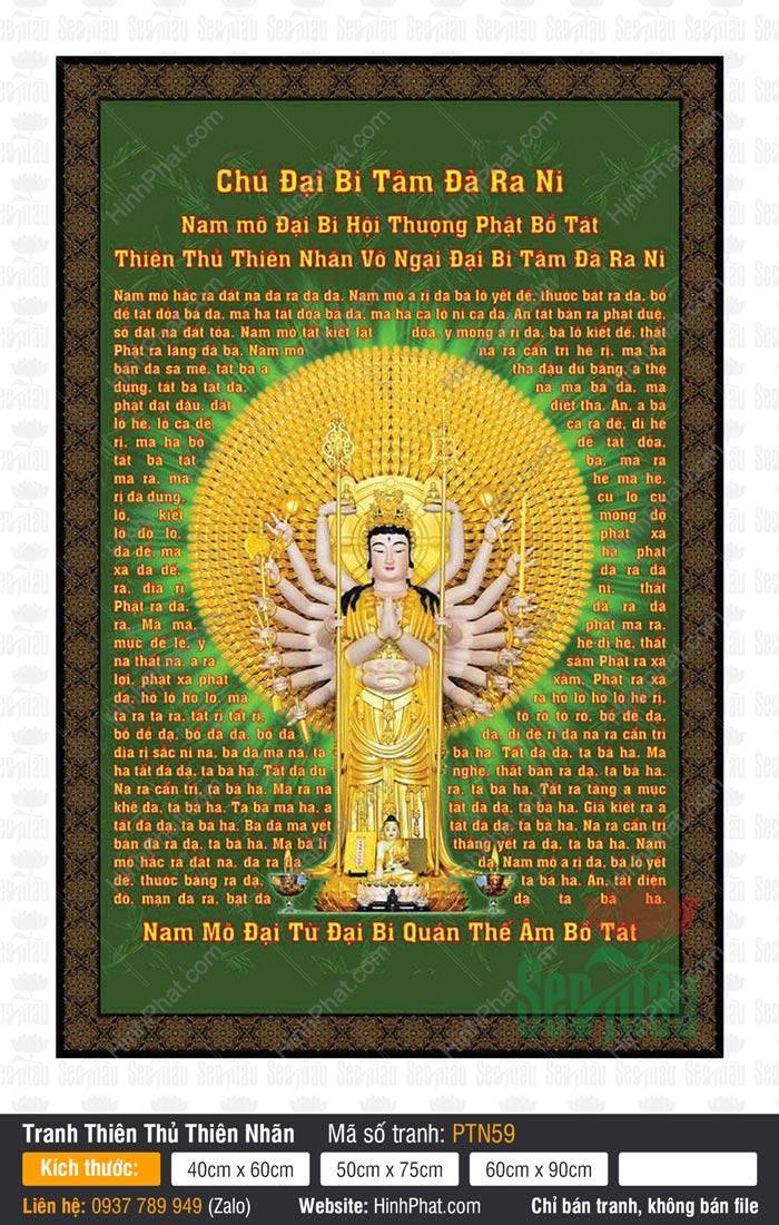 Bồ Tát Thiên Thủ Thiên Nhãn PTN59 Bồ Tát Thiên Thủ Thiên Nhãn PTN59 đứng giữa vòng tay vàng rực rỡ trên nền chữ Chú Đại Bi
