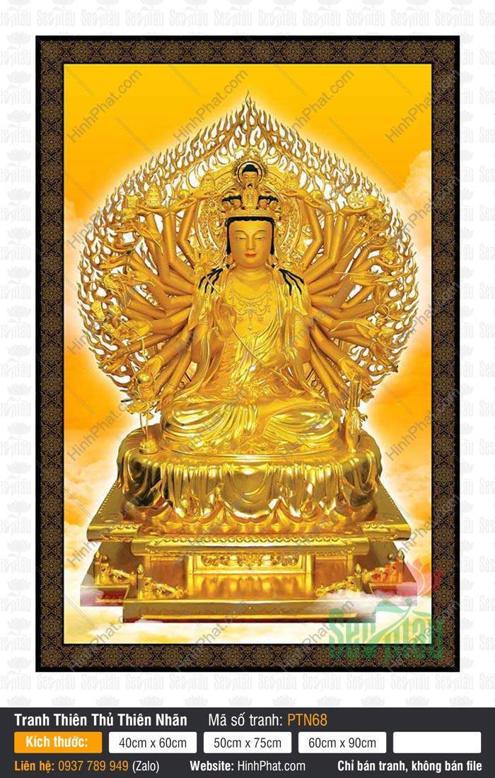 Bồ Tát Thiên Thủ Thiên Nhãn PTN68 Hình Bồ Tát Thiên Thủ Thiên Nhãn PTN68 tọa thiền trên tòa vàng nghìn tay rực rỡ