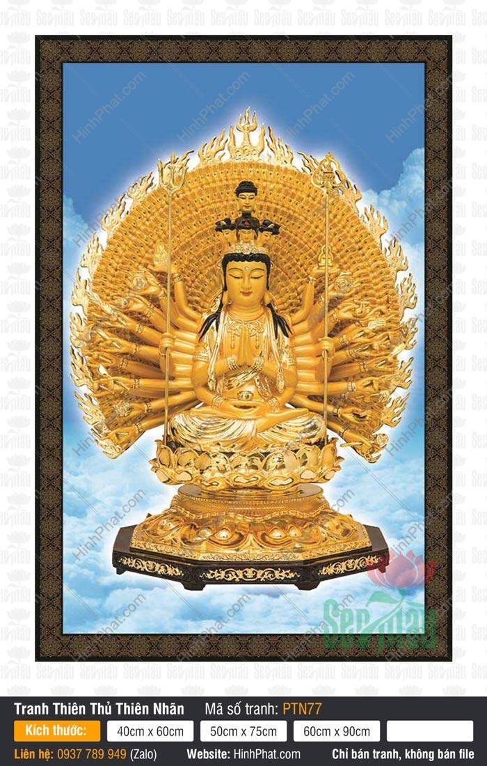 Bồ Tát Thiên Thủ Thiên Nhãn PTN77 Bồ Tát Thiên Thủ Thiên Nhãn PTN77 tọa thiền trên đài sen vàng giữa nền mây trời xanh