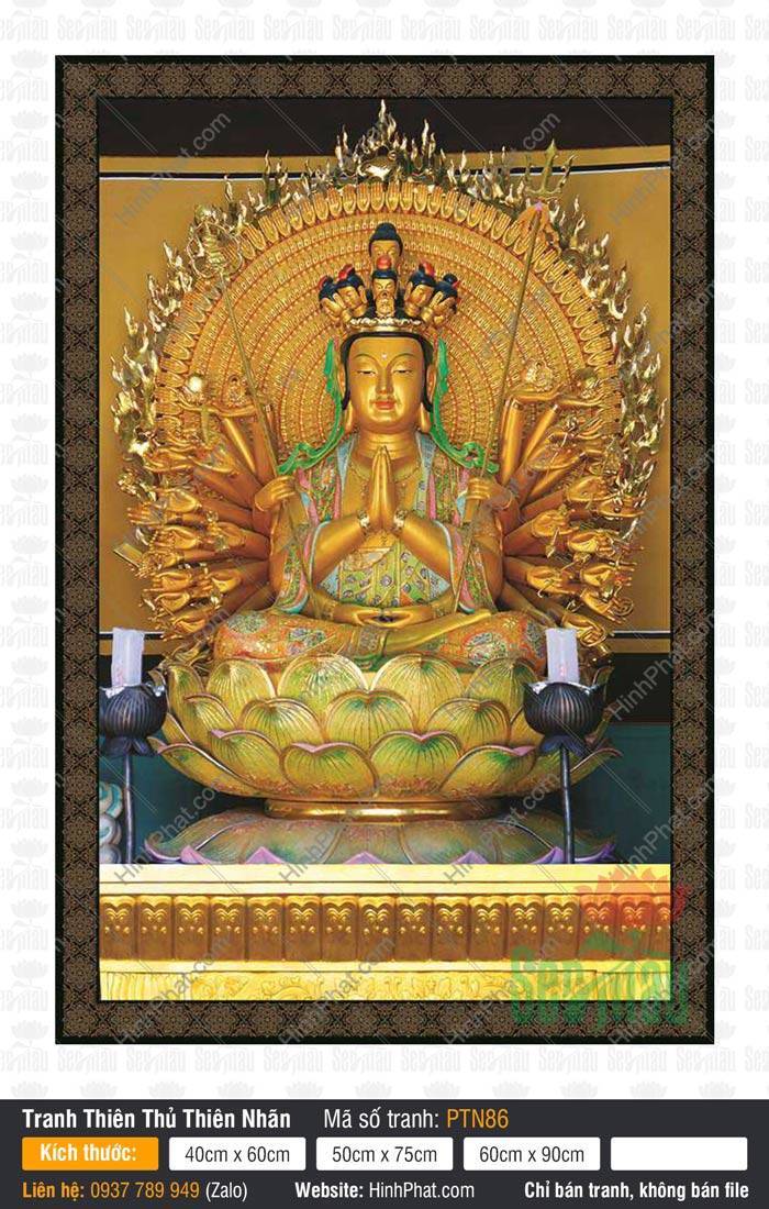 Bồ Tát Thiên Thủ Thiên Nhãn PTN86 Bồ Tát Thiên Thủ Thiên Nhãn PTN86 họa hình Ngài tọa thiền trên tòa sen xanh vàng trang nghiêm rực rỡ