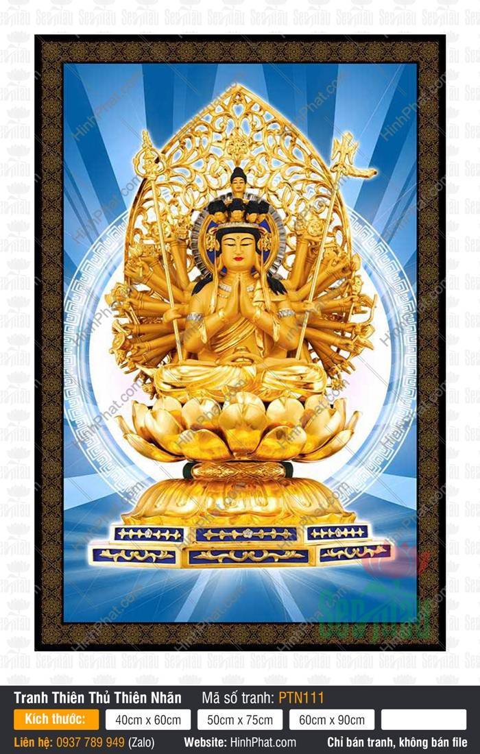 Hình Ảnh Thiên Thủ Thiên Nhãn Bồ Tát PTN111 Hình Ảnh Thiên Thủ Thiên Nhãn Bồ Tát PTN111 tỏa sáng rực rỡ trên đài sen vàng nền xanh