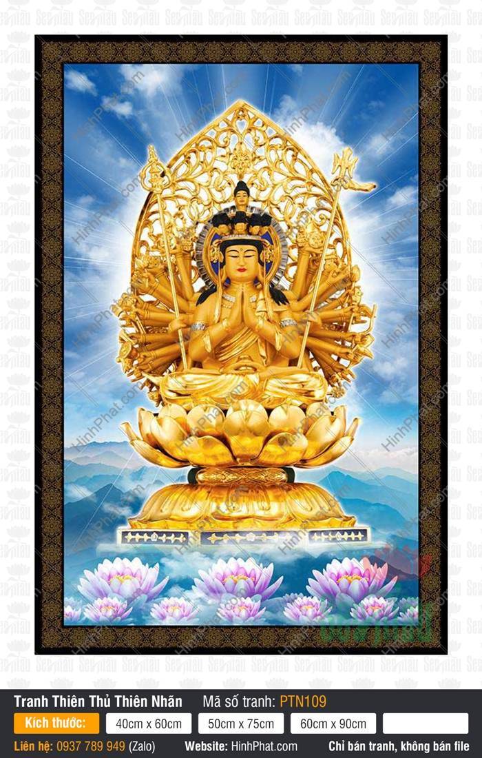 Hình Ảnh Thiên Thủ Thiên Nhãn PTN109 Hình Ảnh Thiên Thủ Thiên Nhãn PTN109 ngự tòa sen vàng rực rỡ giữa hồ sen thanh tịnh.