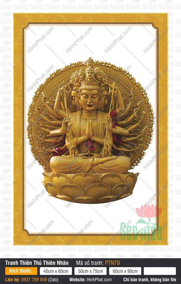 Hình Bồ Tát Thiên Thủ Thiên Nhãn PTN79 Hình Bồ Tát Thiên Thủ Thiên Nhãn PTN79 ngự tòa sen vàng đồng với nhiều tầng mặt uy nghiêm.
