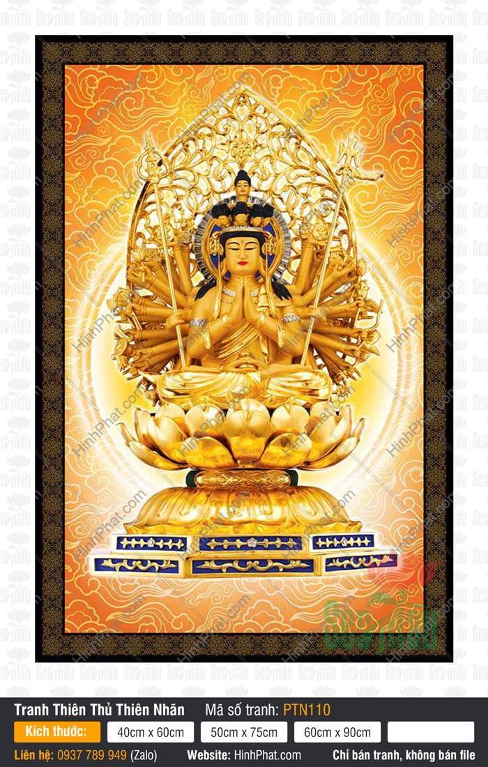 Hình Mẹ Thiên Thủ Thiên Nhãn PTN110 Hình Mẹ Thiên Thủ Thiên Nhãn PTN110 họa Ngài tọa đài sen vàng tỏa hào quang nghìn tay rực rỡ