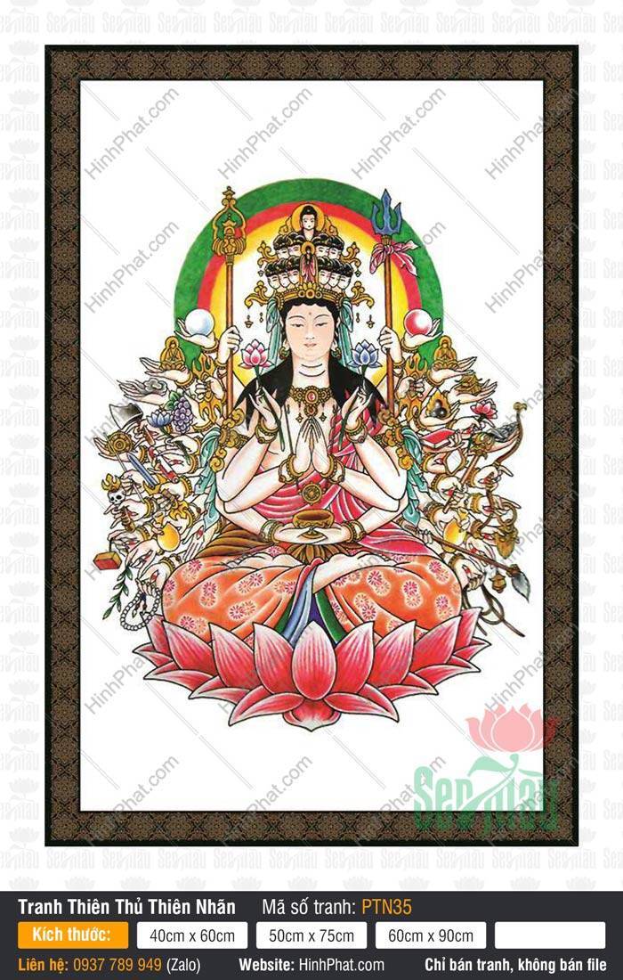 Hình Quan Âm Thiên Thủ Thiên Nhãn PTN35 Hình Quan Âm Thiên Thủ Thiên Nhãn PTN35 họa chi tiết nhiều cánh tay cầm pháp bảo quý