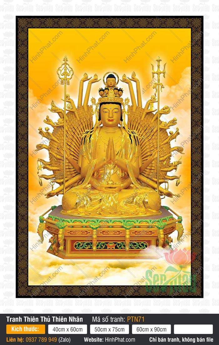 Hình Quan Âm Thiên Thủ Thiên Nhãn PTN71 Hình Quan Âm Thiên Thủ Thiên Nhãn PTN71 khắc họa Ngài tọa thiền trên tòa báu vàng rực rỡ