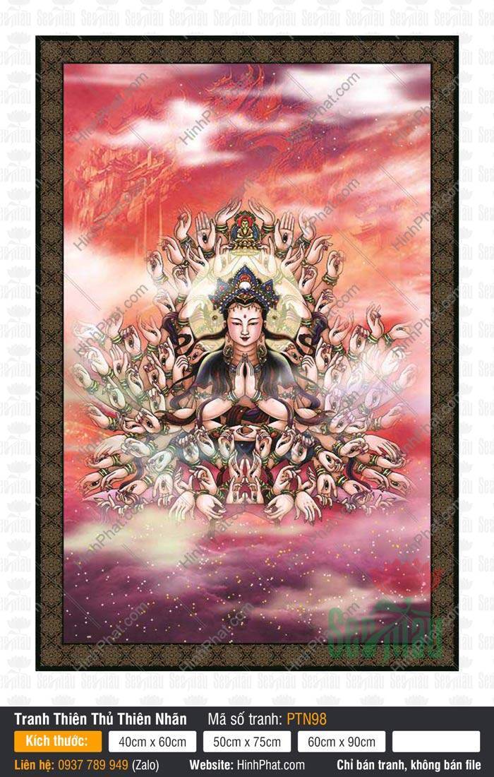 Hình Quan Âm Thiên Thủ Thiên Nhãn PTN98 Hình Quan Âm Thiên Thủ Thiên Nhãn PTN98 họa hình Đức Phật nghìn tay tọa thiền giữa mây đỏ