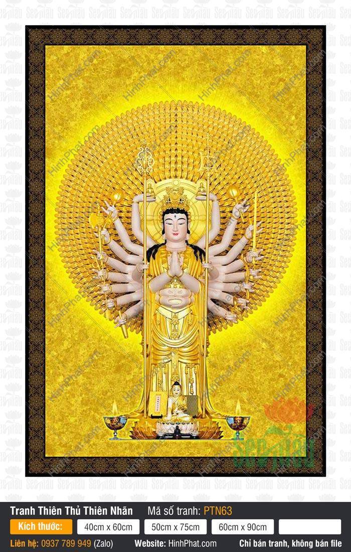 Hình Thiên Thủ Thiên Nhãn Đẹp PTN63 Hình Thiên Thủ Thiên Nhãn Đẹp PTN63 đứng trên đài sen vàng giữa hào quang rực rỡ tỏa sáng.