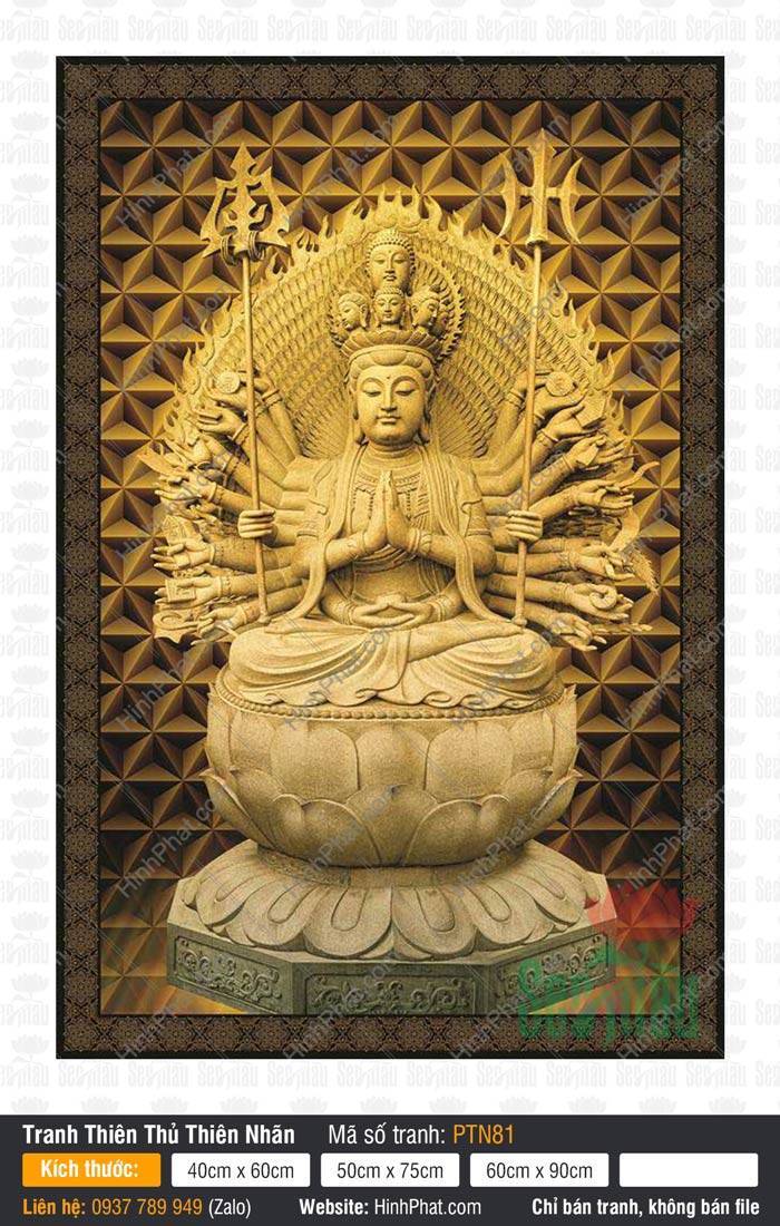Hình Thiên Thủ Thiên Nhãn Đẹp PTN81 Hình Thiên Thủ Thiên Nhãn Đẹp PTN81 Bồ Tát tọa đài sen vàng trên nền họa tiết đa giác
