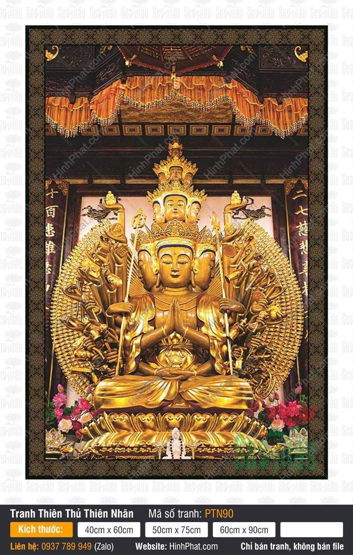 Hình Thiên Thủ Thiên Nhãn Đẹp PTN90 Hình Thiên Thủ Thiên Nhãn Đẹp PTN90 Bồ Tát tọa sen vàng giữa chánh điện cổ