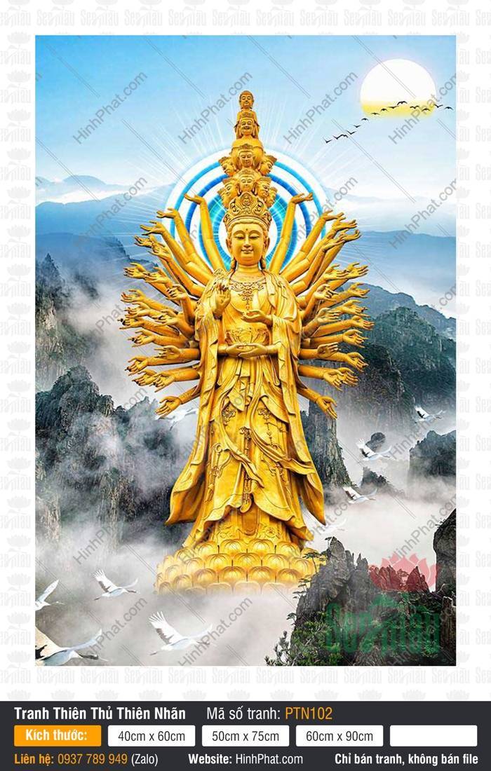 Thiên Thủ Thiên Nhãn Bồ Tát PTN102 Thiên Thủ Thiên Nhãn Bồ Tát PTN102 đứng uy nghiêm trên đài sen vàng giữa núi non hùng vĩ