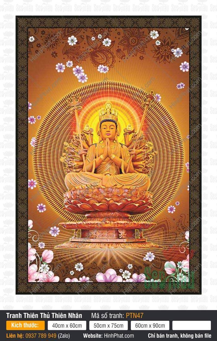 Thiên Thủ Thiên Nhãn Bồ Tát PTN47 Tranh Thiên Thủ Thiên Nhãn Bồ Tát PTN47 họa hình Ngài tọa thiền trên tòa sen vàng trang nghiêm