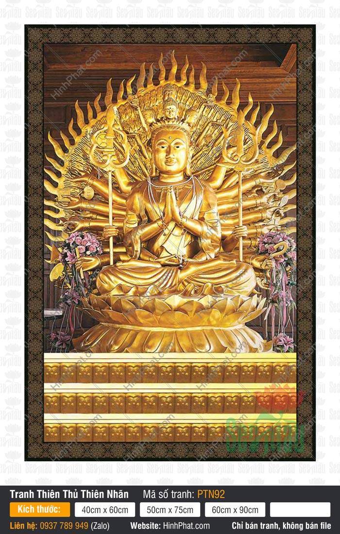 Thiên Thủ Thiên Nhãn Bồ Tát PTN92 Tranh Thiên Thủ Thiên Nhãn Bồ Tát PTN92 họa hình Ngài tọa thiền trên tòa sen vàng rực rỡ