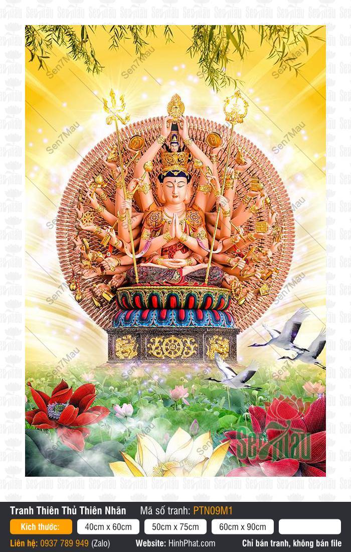 Thiên Thủ Thiên Nhãn PTN09M1 Thiên Thủ Thiên Nhãn PTN09M1 ngự tọa trên đài sen ngũ sắc giữa khung cảnh thiên giới bình an.