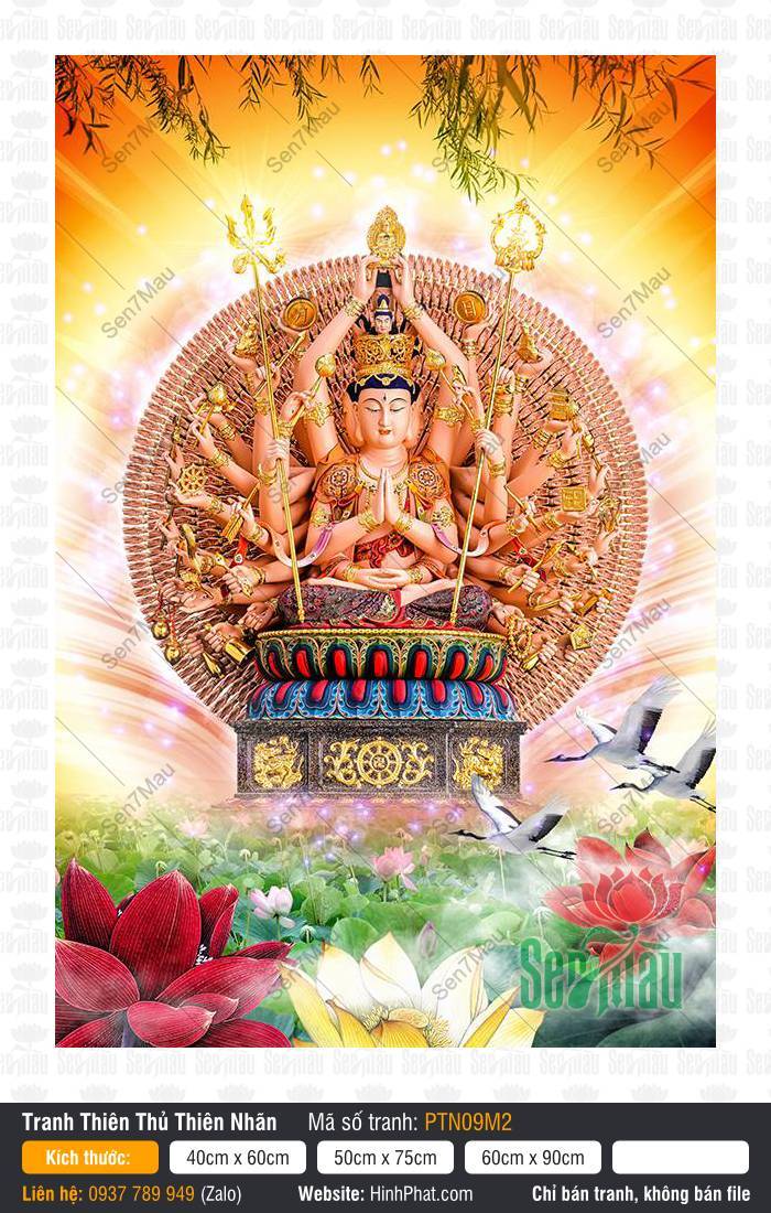 Thiên Thủ Thiên Nhãn Quan Âm PTN09M2 Thiên Thủ Thiên Nhãn Quan Âm PTN09M2 họa hình Ngài tọa tòa sen giữa hồ sen và chim hạc