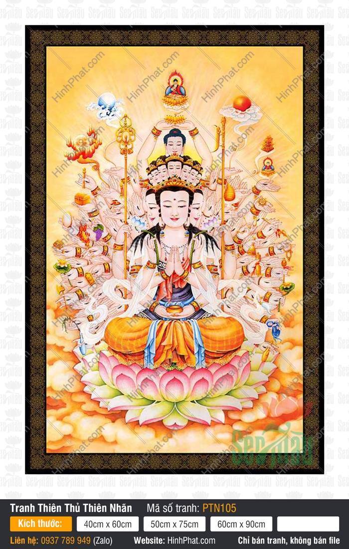 Tranh Bồ Tát Thiên Thủ Thiên Nhãn PTN105 Tranh Bồ Tát Thiên Thủ Thiên Nhãn PTN105 Ngài tọa thiền trên đài sen hồng giữa mây vàng