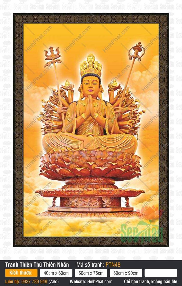 Tranh Thiên Thủ Thiên Nhãn Bồ Tát PTN48 Tranh Thiên Thủ Thiên Nhãn Bồ Tát PTN48 mô tả Ngài ngự trên đài sen đỏ rực rỡ giữa hào quang.