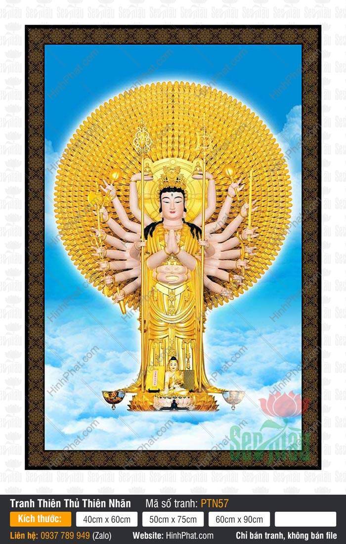 Tranh Thiên Thủ Thiên Nhãn Bồ Tát PTN57 Tranh Thiên Thủ Thiên Nhãn Bồ Tát PTN57 đứng trang nghiêm trên tòa sen vàng rực rỡ tỏa ánh hào quang.