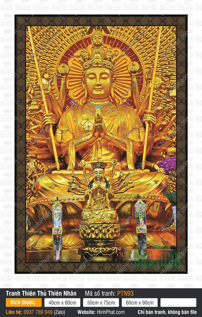 Tranh Thiên Thủ Thiên Nhãn Bồ Tát PTN93 Tranh Thiên Thủ Thiên Nhãn Bồ Tát PTN93 phác họa Ngài ngự tòa sen vàng rực rỡ với nghìn tay tỏa sáng