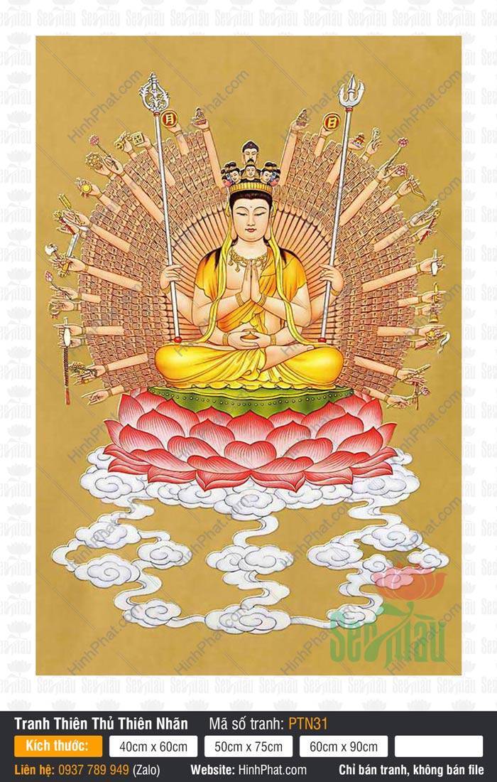 Tranh Thiên Thủ Thiên Nhãn Đẹp PTN31 Mẫu Tranh Thiên Thủ Thiên Nhãn Đẹp PTN31 họa hình Đức Quan Âm nghìn tay ngồi trên tòa sen đỏ