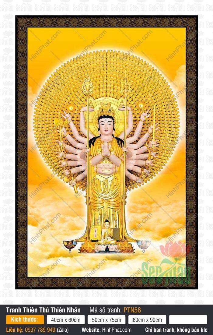 Tranh Thiên Thủ Thiên Nhãn Đẹp PTN58 Tranh Thiên Thủ Thiên Nhãn Đẹp PTN58 phác họa Ngài đứng trên tòa sen vàng rực rỡ.
