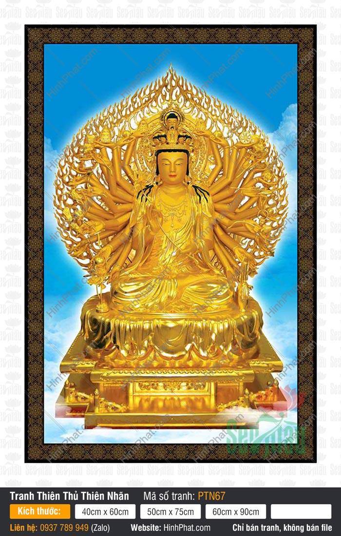 Tranh Thiên Thủ Thiên Nhãn Đẹp PTN67 Tranh Thiên Thủ Thiên Nhãn Đẹp PTN67 mô tả Ngài ngự đài sen vàng rực rỡ giữa nền trời xanh.