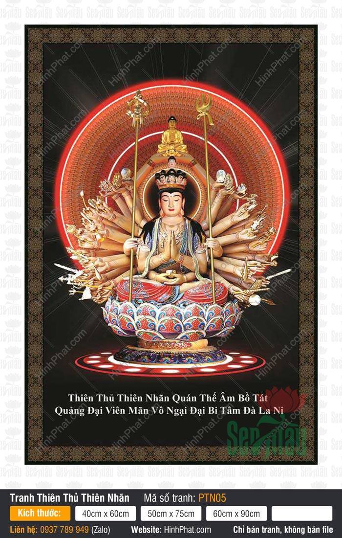 Bồ Tát Thiên Thủ Thiên Nhãn PTN05 Bồ Tát Thiên Thủ Thiên Nhãn PTN05 ngồi trên tòa sen đỏ với vầng hào quang rực rỡ bao quanh.