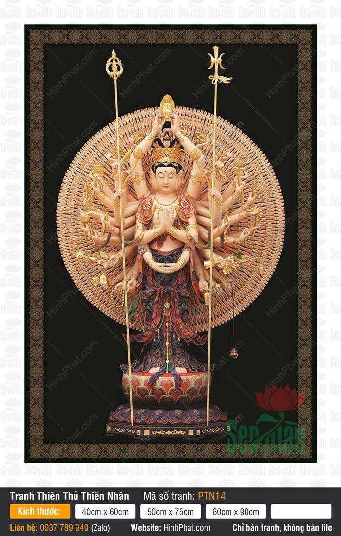 Bồ Tát Thiên Thủ Thiên Nhãn PTN14 Bồ Tát Thiên Thủ Thiên Nhãn PTN14 đứng trên đài sen, tay nâng tượng Phật giữa vầng hào quang rực rỡ.