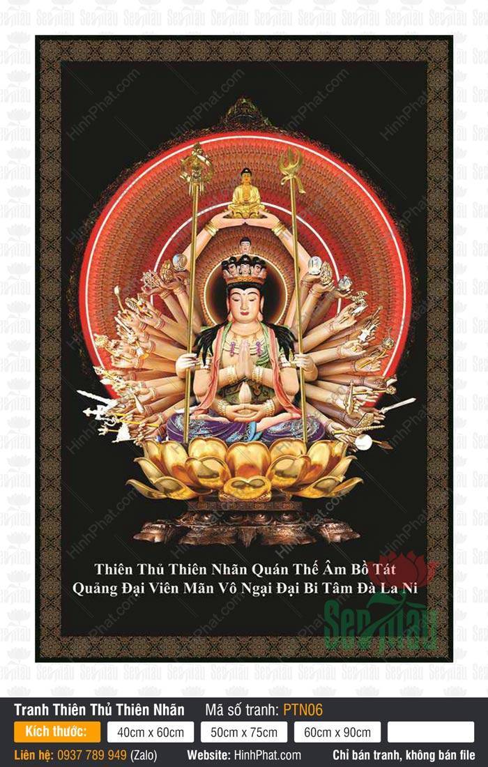Đức Quan Âm Thiên Thủ Thiên Nhãn PTN06 Đức Quan Âm Thiên Thủ Thiên Nhãn PTN06 ngự tòa sen vàng rực rỡ trên nền đen trang nghiêm