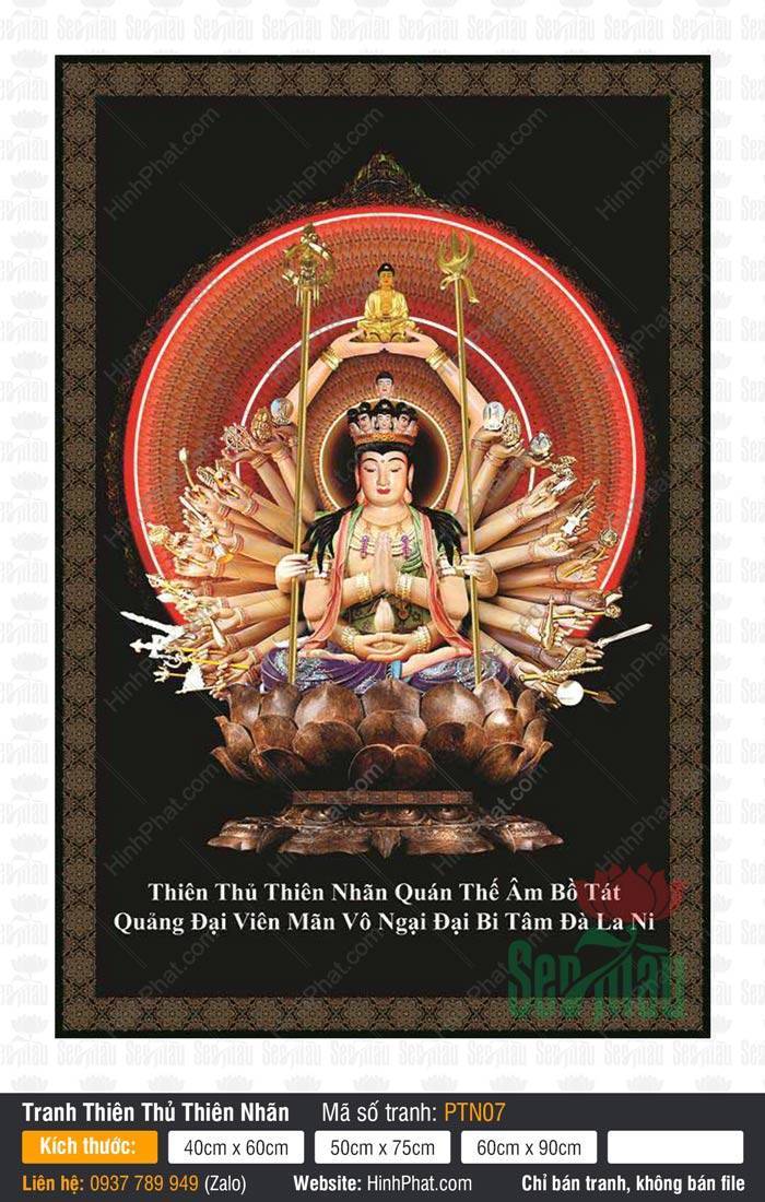 Hình Bồ Tát Thiên Thủ Thiên Nhãn PTN07 Hình Bồ Tát Thiên Thủ Thiên Nhãn PTN07 nâng tượng Phật vàng nhỏ và tọa trên đài sen đồng
