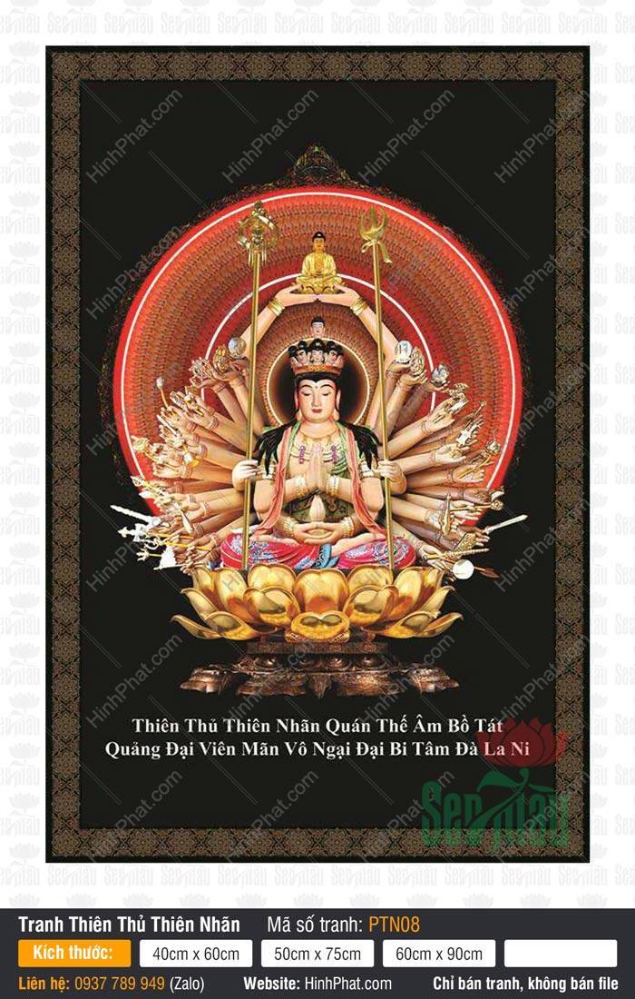 Hình Quan Âm Thiên Thủ Thiên Nhãn PTN08 Hình Quan Âm Thiên Thủ Thiên Nhãn PTN08 tọa thiền trên đài sen vàng giữa hào quang đỏ rực rỡ.