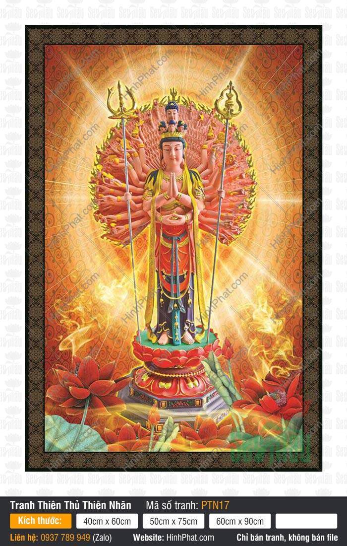 Hình Quan Âm Thiên Thủ Thiên Nhãn PTN17 Hình Quan Âm Thiên Thủ Thiên Nhãn PTN17 đứng uy nghiêm trên đài sen đỏ giữa hào quang vàng rực.