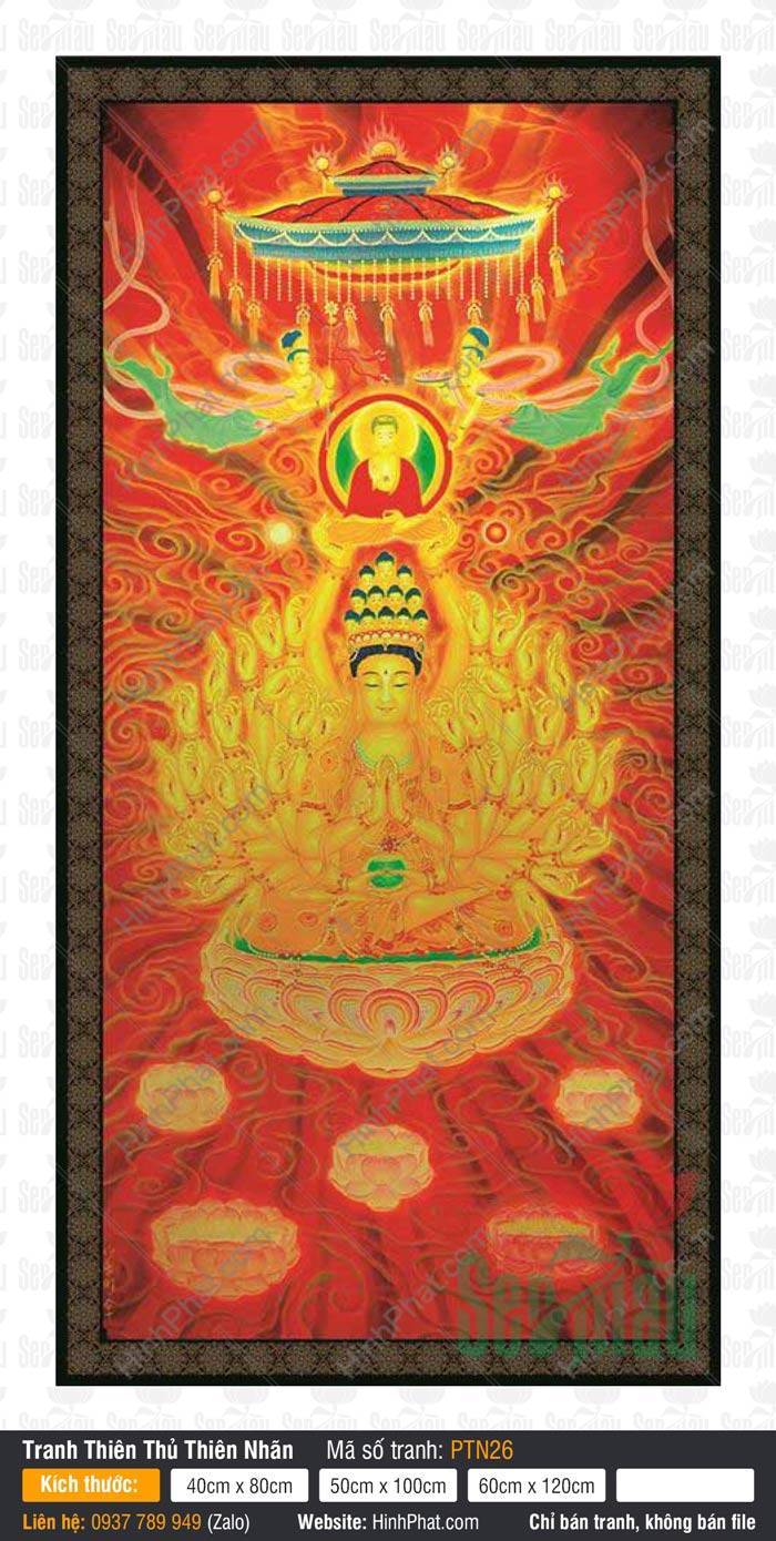 Hình Quan Âm Thiên Thủ Thiên Nhãn PTN26 Hình Quan Âm Thiên Thủ Thiên Nhãn PTN26 sắc vàng uy nghiêm trên nền đỏ rực rỡ với lọng báu.