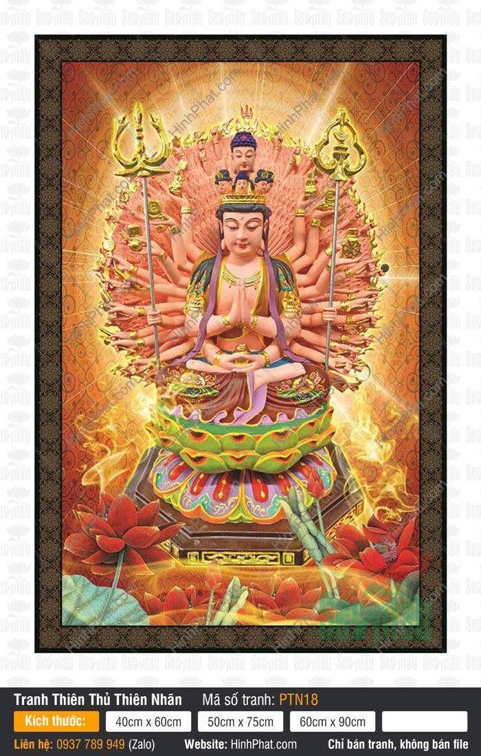 Hình Thiên Thủ Thiên Nhãn Đẹp PTN18 Hình Thiên Thủ Thiên Nhãn Đẹp PTN18 tọa thiền trên đài sen đa sắc rực rỡ và uy nghiêm