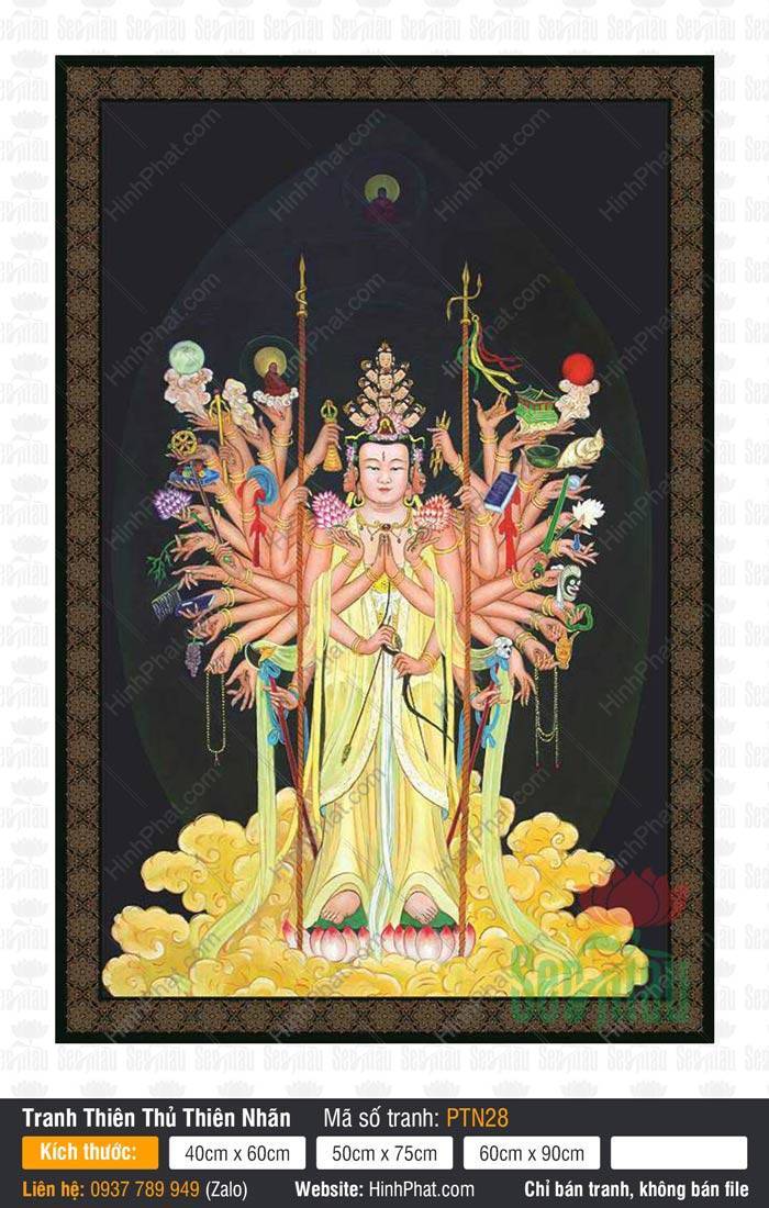 Thiên Thủ Thiên Nhãn PTN28 Thiên Thủ Thiên Nhãn PTN28 họa hình Đức Quan Âm nghìn tay đứng trên mây vàng nền đen trang nghiêm
