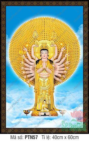 Tranh Thiên Thủ Thiên Nhãn Bồ Tát PTN57, kim thân đứng đài sen