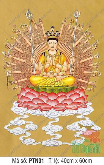 Tranh Thiên Thủ Thiên Nhãn Đẹp PTN31, tọa thiền trên đài sen