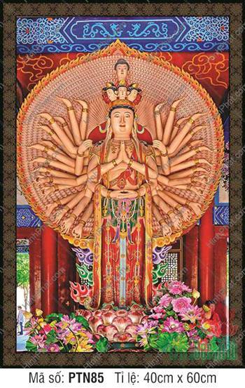 Tranh Thiên Thủ Thiên Nhãn Đẹp PTN85, dáng đứng trên đài sen hồng