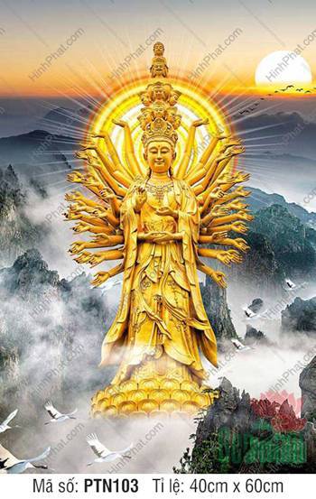 Tranh Thiên Thủ Thiên Nhãn PTN103, dáng đứng vàng kim giữa núi rừng