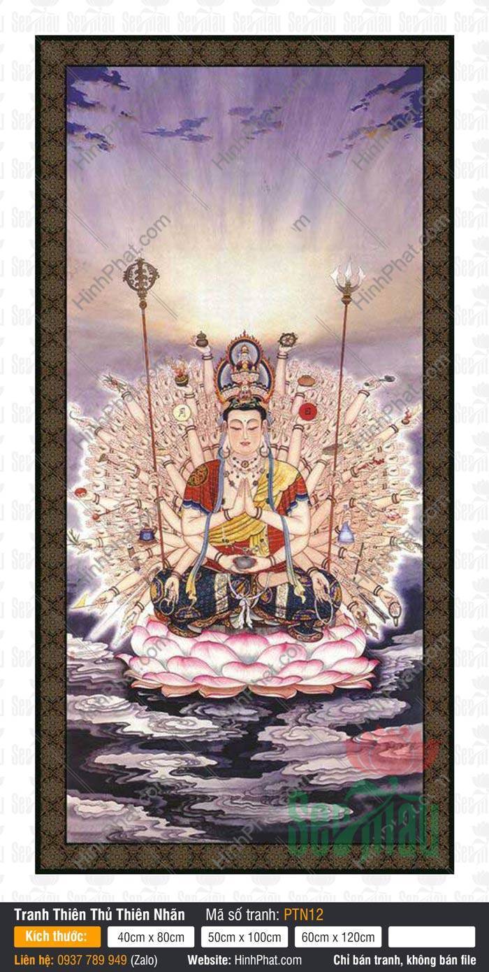 Tranh Thiên Thủ Thiên Nhãn Bồ Tát PTN12 Tranh Thiên Thủ Thiên Nhãn Bồ Tát PTN12 ngự đài sen hồng giữa bầu trời mây tím huyền ảo
