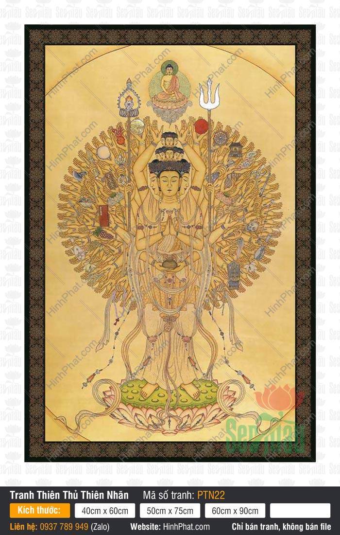 Tranh Thiên Thủ Thiên Nhãn Đẹp PTN22 Tranh Thiên Thủ Thiên Nhãn Đẹp PTN22 họa hình Đức Quán Thế Âm nghìn mắt nghìn tay đứng trên tòa sen