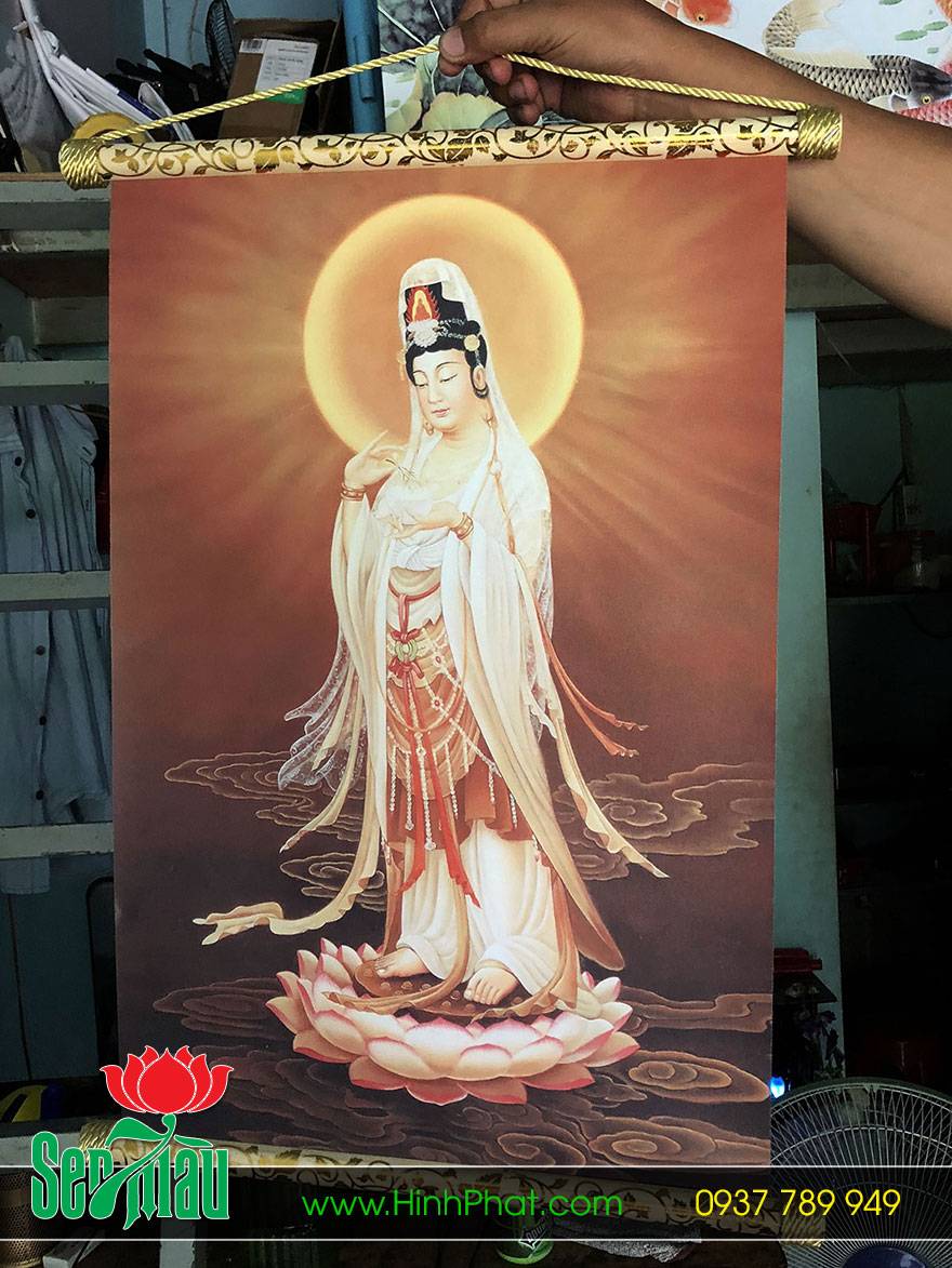 Tranh Phật in trên vải Canvas gắn sáo gỗ